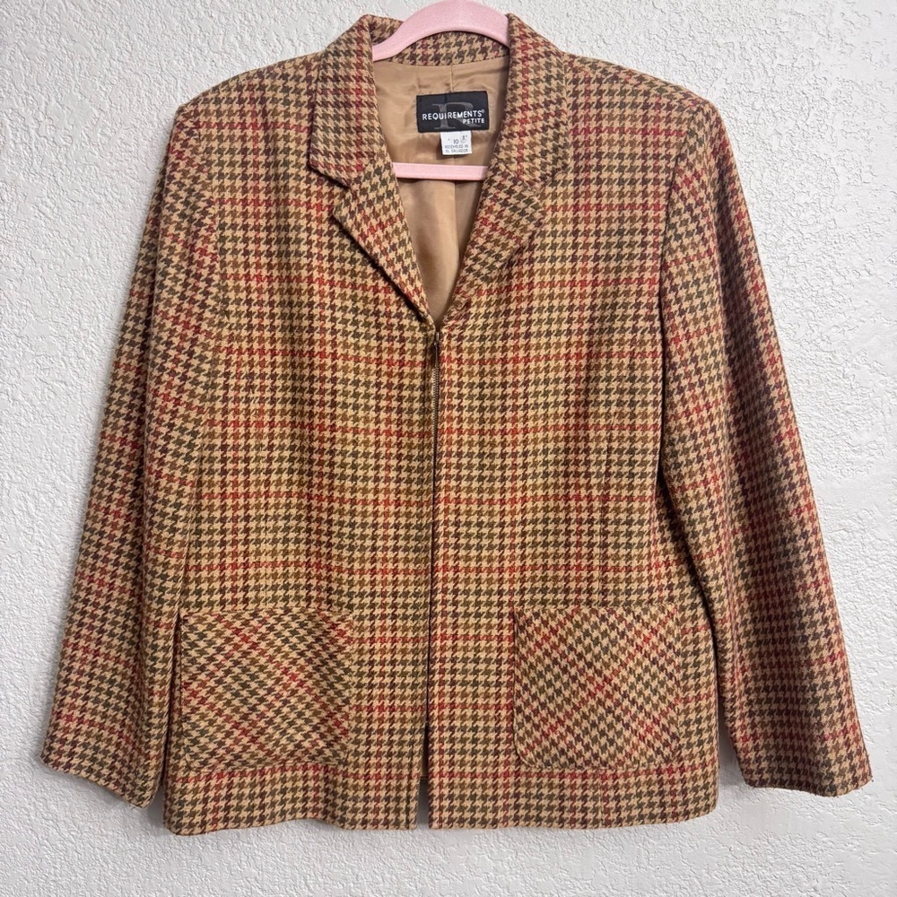 Vintage Y2K Houndstooth Plaid Zip Jacket Wool Blend Size 10P